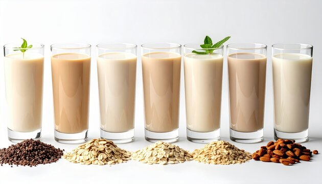 Collection of vegan milk including soy, oat, almond and coconut milk in clear glasses isolated on white background