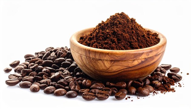 Bowl of freshly ground coffee with roasted coffee beans, isolated on white