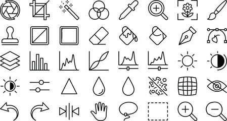 Graphic design and photo editing thin line vector icons set featuring crop magic wand layers pen brush elements © MstBabli