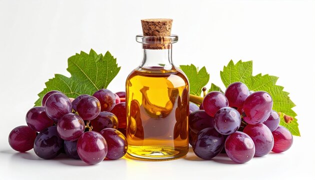 Bottle of grape seed oil with ripe grapes, isolated on white background