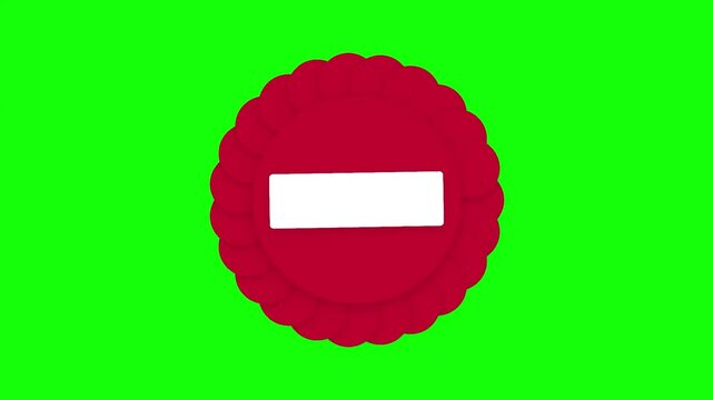 Red minus sign icon on scalloped circle, flat negative symbol for interface design, mathematical subtraction button on green screen background