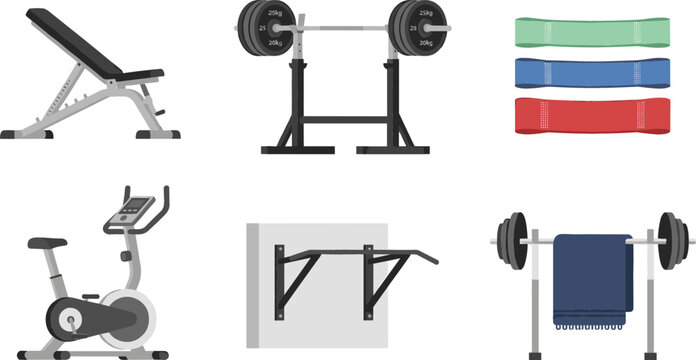 Gym Workout Equipment Vector Set with Bench Press Stationary Bike Resistance Bands and Pull Up Bar for Sports Branding