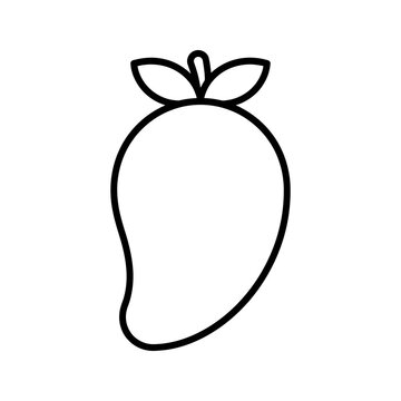 Simple line art drawing of a mango with two small leaves at top.