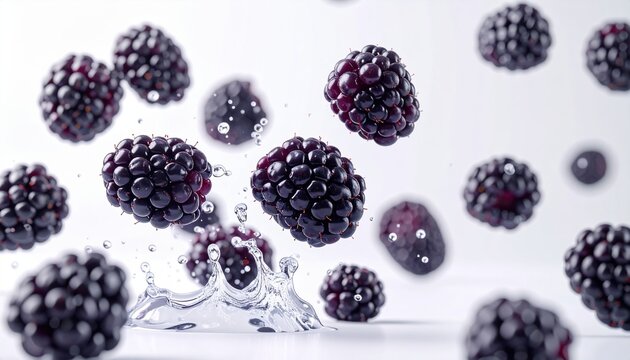 Falling fresh blackberries isolated on white background, frozen motion effect, ultra realistic
