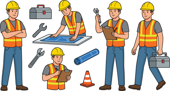 Construction worker and engineer character vector illustration set featuring builders in hard hats reading architectural blueprints, writing on clipboards, carrying toolboxes, holding wrenches