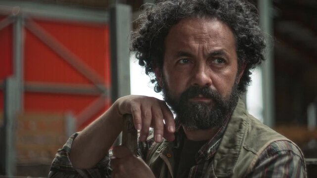 Middle-aged male farmer with curly hair and beard, leaning on wooden handle of tool and looking away pensively during break from work in rustic barn