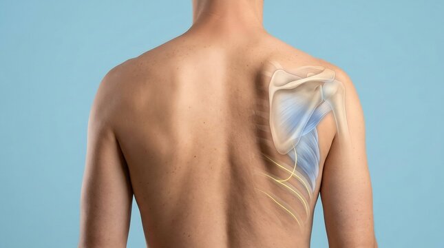 Human shoulder blade is highlighted on a man's back to demonstrate the anatomical structure of the scapula bone for orthopedic education or medical consultation purposes within a clinical healthcare.