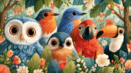 Obraz premium Colorful Cartoon Birds Peeking Out from Woodland Tree Branches Surrounded by Vibrant Flowers and Leaves