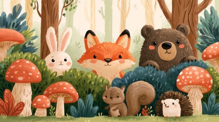 Fototapeta premium Adorable Forest Animals Peeking from Behind Bright Mushrooms in a Colorful Cartoon Illustration