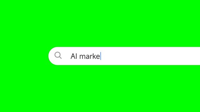 Search bar containing the text AI marke is positioned on a green background, symbolizing the exploration of artificial intelligence and automated marketing strategies through a digital search tool.