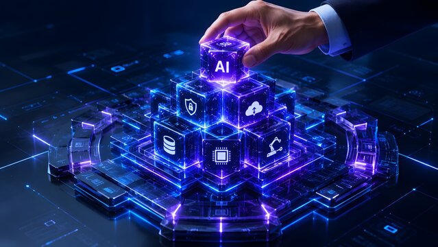 Professional hand assembling a glowing purple digital pyramid of technology icons representing advanced artificial intelligence integration and secure enterprise cloud networking strategy