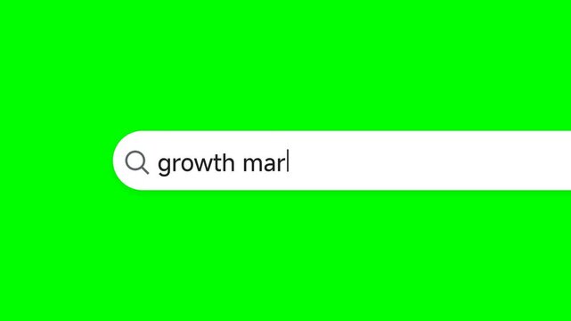 Search bar displaying the query growth marl appears on a vivid green background, illustrating the process of typing keywords into a digital engine to explore business expansion and development.