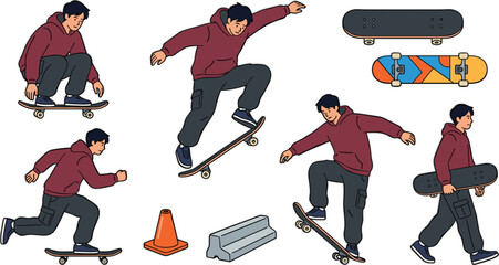 Skateboarder character vector illustration set featuring teenage boy performing tricks jumping ollie riding walking with deck traffic cone and ledge street obstacle icons. © MstJoynobAkhtar