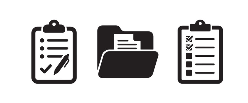 Three black featuring a clipboard with a checklist and pen, a folder with a document, and a clipboard with multiple checkmarks on a white background