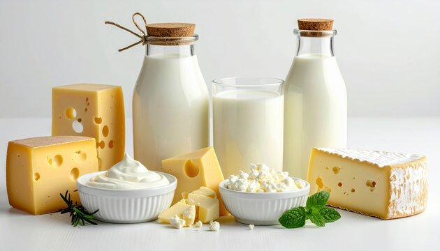 Collection of fresh dairy products including milk, yogurt, butter and cheese on white background
