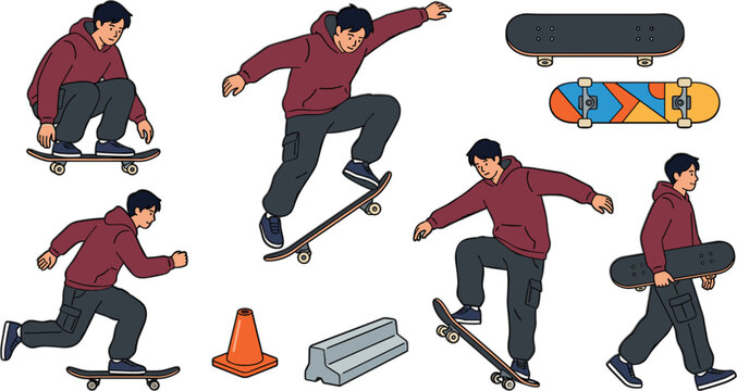 Skateboarder character vector illustration set featuring teenage boy performing tricks jumping ollie riding walking with deck traffic cone and ledge street obstacle icons.