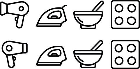 Obraz premium Home appliance hair dryer clothes iron cooking bowl stove icon set vector illustration outline line art isolated white