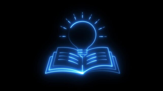 glowing neon knowledge icon Concept ideas inspiration, invention, effective thinking, knowledge Learning, Smart Ideas and Innovation 4K Motion Graphics on Black Background..