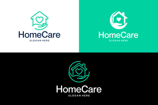 Home Care Logo Design, Medical Assistance and Healthcare Service Concept, House with Heart and Cupping Hands Icon, Vector.