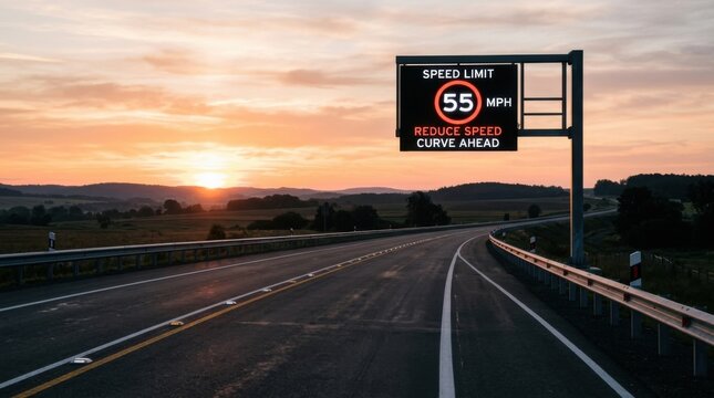Sunset Highway Drive With Speed Limit Warning Sign Awaiting