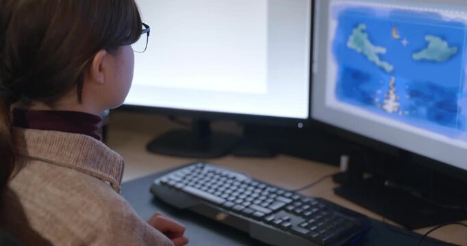 Girl with Glasses Drawing Picture on Desktop Computer Monitor. 4K 10-bit