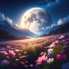 Magical full moon over a vibrant field of cosmos flowers