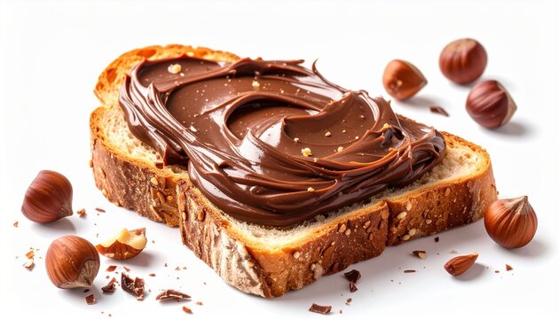 Toast with chocolate hazelnut spread, isolated on white
