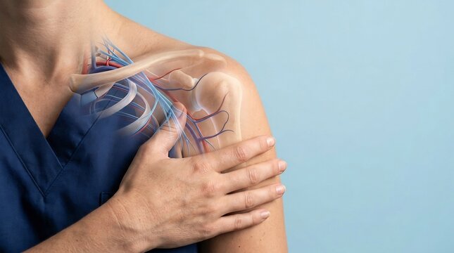 Shoulder anatomy with vascular system overlay is examined by a medical professional to demonstrate circulatory pathways in the human musculoskeletal structure against a plain blue background.