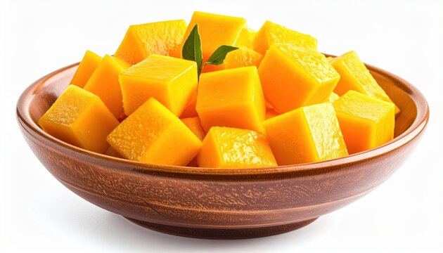 Bowl filled with fresh ripe mango cubes, isolated on white background