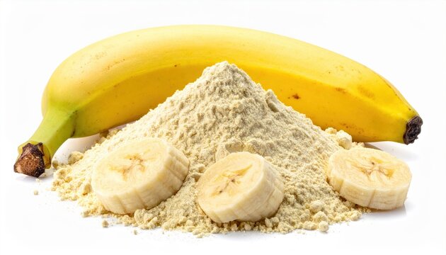 Heap of banana protein powder isolated on white background