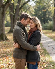 Fototapeta premium Autumn Embrace: Cozy Couple in Park with Fall Foliage