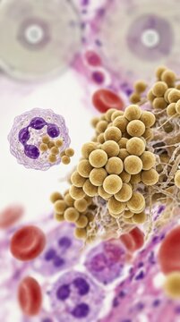 Bacterial organism attack: Staphylococcus microbe, immune cell, phagocyte engulf, host defense, cell fight, blood particle, infection spread, disease agent.