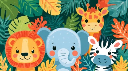 Obraz premium Cute Cartoon Animals Peeking from Behind Tropical Leaves in a Colorful Safari Scene