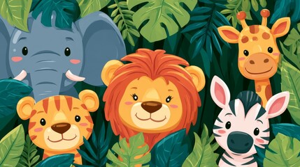 Obraz premium Playful Cartoon Safari Animals Peeking from Behind Tropical Leaves in a Vibrant Jungle Scene