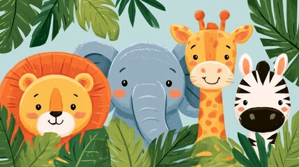 Obraz premium Colorful Cartoon Safari Animals Peeking from Behind Tropical Leaves in a Fun and Playful Design