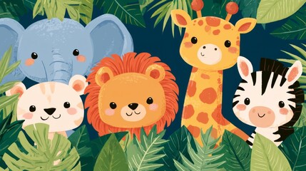 Obraz premium Cute Cartoon Animals Peeking from Behind Tropical Leaves in a Safari Jungle Scene