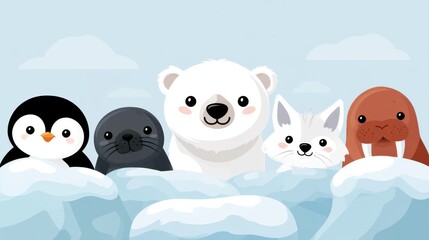 Fototapeta premium Adorable Arctic Animals Peeking from Behind a Snowy Iceberg with Fun Expressions and a Playful Atmosphere