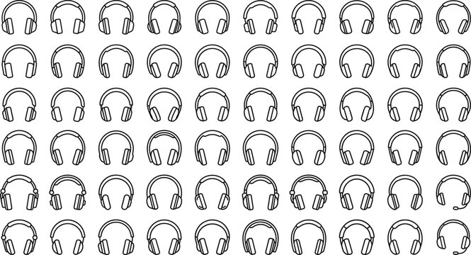 Large seamless pattern collection of minimalist thin line headphones icons for music podcast support audio and dj vector
