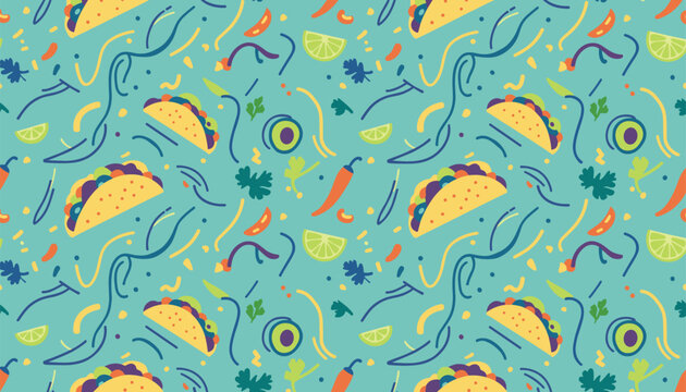 Delicious looking seamless pattern of mexican tacos lime slices chili peppers and herbs on teal background.