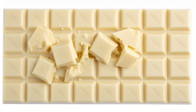 Broken white chocolate pieces, isolated on white background