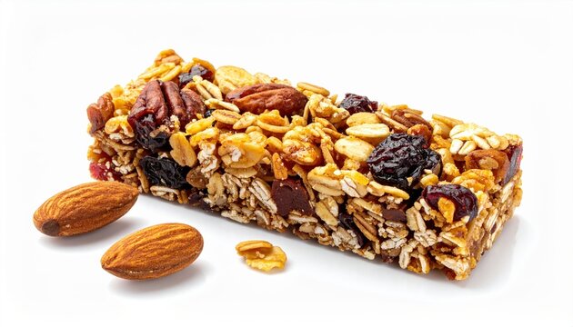 Homemade granola bar isolated on white background, healthy snack photography