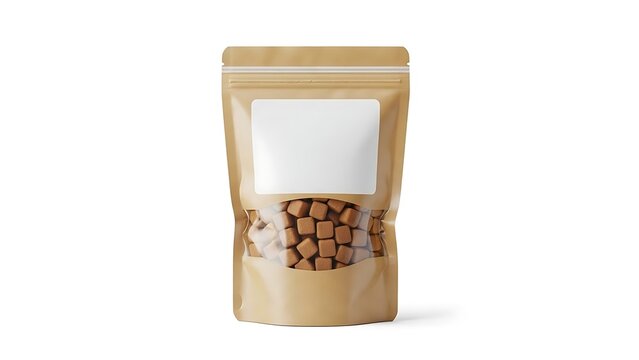 Brown kraft paper pouch bag with a clear window filled with small square food snacks for branding