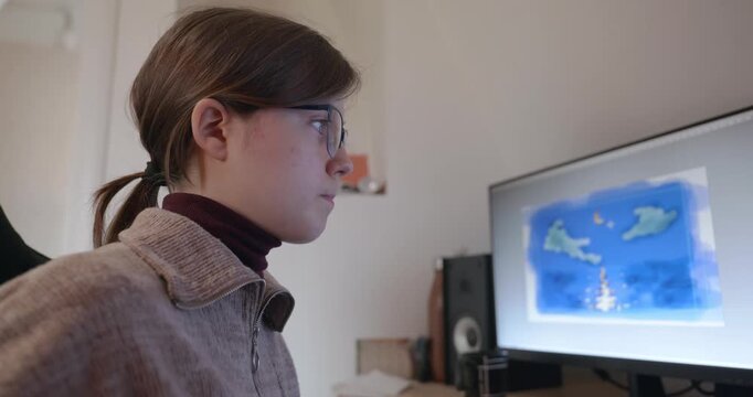 Girl with Glasses Drawing Picture on Desktop Computer Monitor. 4K 10-bit