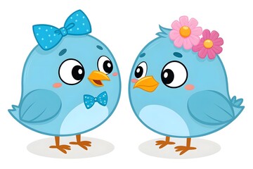 Obraz premium Two cute cartoon blue birds with bows and flowers standing together