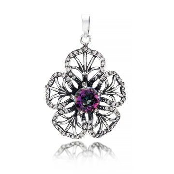 High-quality product image of a silver pendant with multiple sparkling zircons in a pave setting. An essential piece for online jewelry retailers, catalogs, and marketing.  