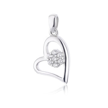   Stylish silver heart shaped pendant decorated with sparkling zirconia stones, isolated on a white background. Romantic jewelry piece symbolizing love, elegance and timeless beauty.