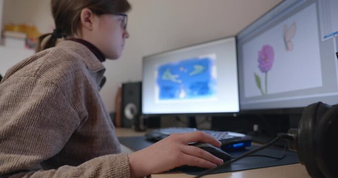 Girl with Glasses Drawing Picture on Desktop Computer Monitor. 4K 10-bit