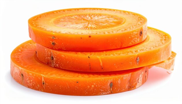Three fresh carrot slices stacked naturally, isolated on white