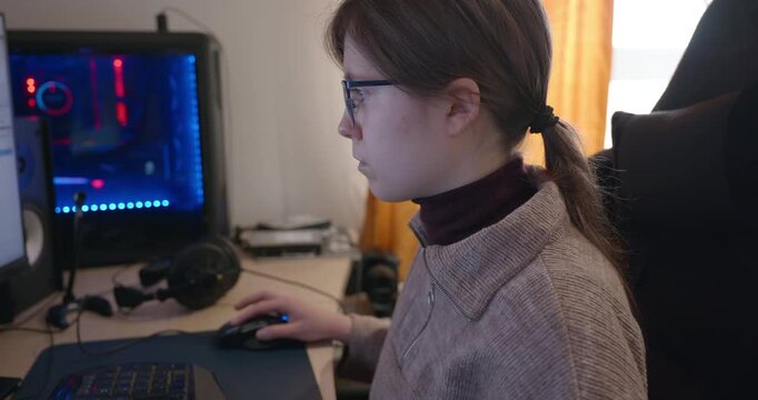 Girl with Glasses Drawing Picture on Desktop Computer Monitor. 4K 10-bit