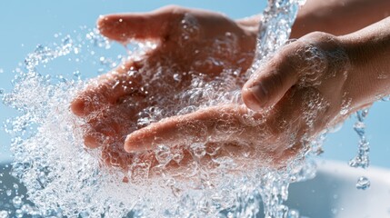 Fototapeta premium Crystal Clear Water Flowing Over Hands in a Refreshing Washing Scene